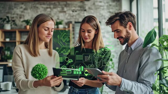 Caucasian colleagues collaborating on ecological projects with icons in a modern workspace, ecology icons over caucasian colleagues using tablet in office