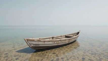 Naklejka premium Weathered Boat Resting on the Calm Waters of a Misty Lake with a Peaceful and Serene Atmosphere