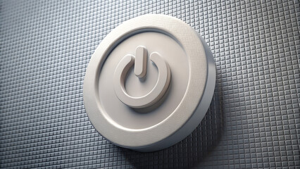 Closeup 3d render of a white power button with universal symbol on a textured metallic background signifying control and technology