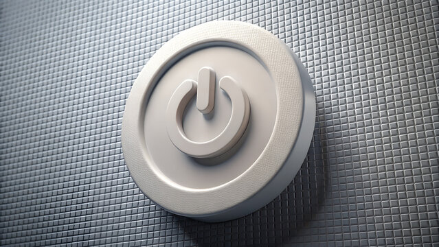 Closeup 3d render of a white power button with universal symbol on a textured metallic background signifying control and technology - Powered by Adobe