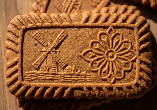 Traditional dutch speculoos cookie with a windmill design in a macro shot on a wooden table - Powered by Adobe