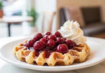 Belgian waffle with cherry topping and whipped cream a delicious breakfast dessert