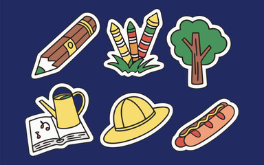 educational and garden icons with white sticker outline