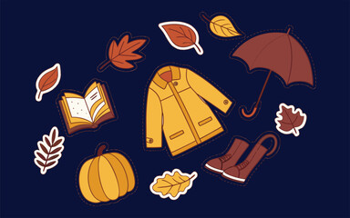 Warm autumn collection with leaves jackets books pumpkins and umbrella
