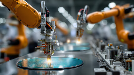 Robotic arms handling a semiconductor wafer in a cleanroom