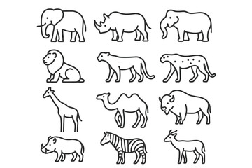 Outline illustrations of diverse wild animals including elephant, rhino, lion, and more