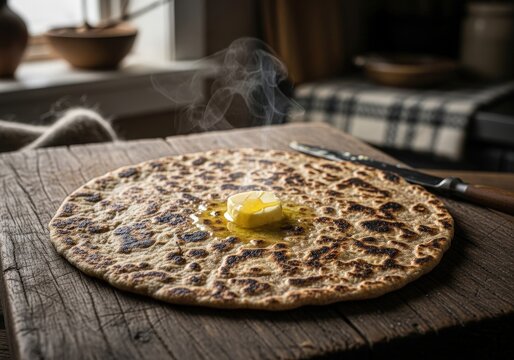 Homemade icelandic flatkaka flatbread steaming with melting butter on a rustic wooden board