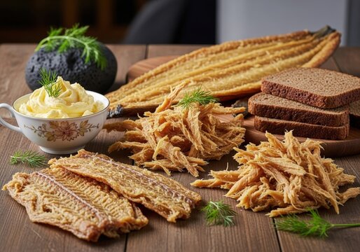 Traditional icelandic hardfiskur dried fish jerky with butter and rye bread on a wooden table