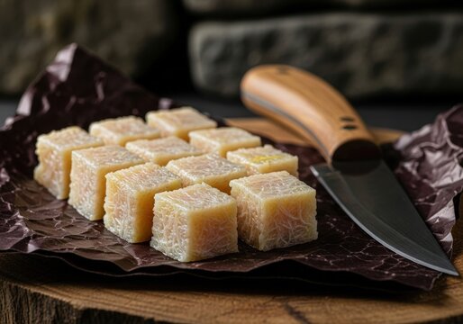 Cubes of traditional icelandic hakarl fermented shark on a rustic wooden board with a knife