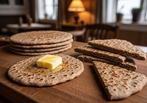 Traditional icelandic rye flatbread flatkaka with butter on a wooden cutting board
