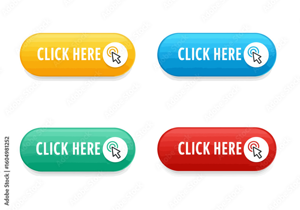 Poster collection of colorful click here buttons featuring a cursor icon and subtle glossy effect for websi
