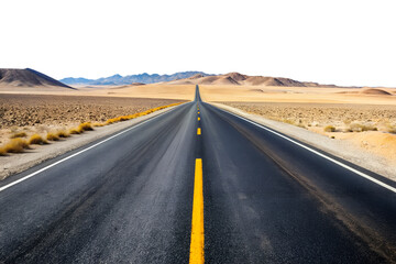 Straight desert highway stretching to the horizon offering a sense of openness and endless possibilities isolated on transparent background