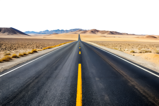 Straight desert highway stretching to the horizon offering a sense of openness and endless possibilities isolated on transparent background