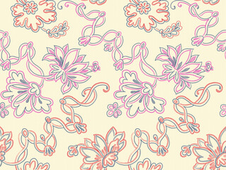 Elegant Line Art Floral Pattern – Delicate Pink and Coral Flowers on Cream Background