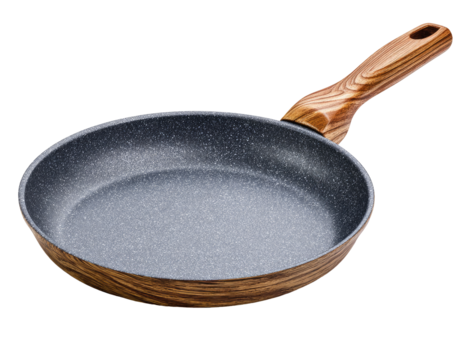 Round, non-stick frying pan with wooden handle.  Grey speckled surface