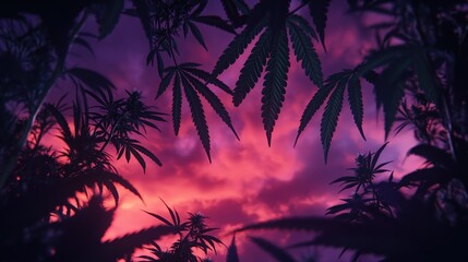Obraz premium Dark Velvety Silhouette of Cannabis Indica Foliage at Dusk