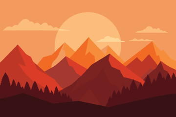 Golden Hour Over a Stylized Mountain Range and Pine Forest