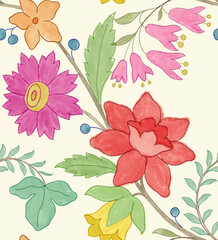 Whimsical Bright Floral Pattern – Hand-Drawn Flowers in Vibrant Colors