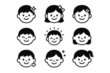 Illustrated children's faces with various expressions in black and white