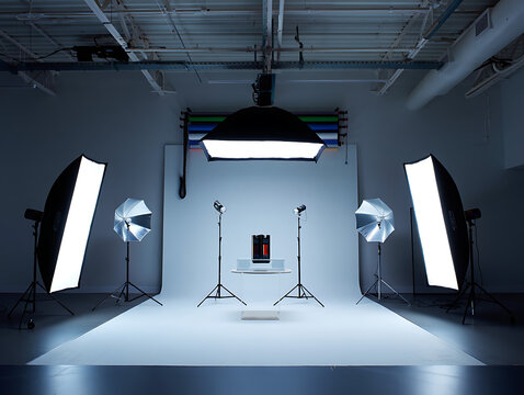 Professional product photography studio setup with softboxes and lighting equipment for commercial shoots creating clean and bright visuals