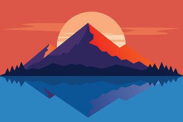 Minimalist Mountain Landscape Vector Art: Sunset Reflection on Lake, Geometric Design