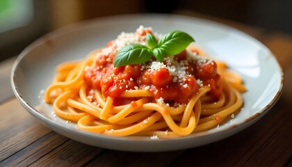 Delicious Italian Pasta with Tomato Sauce and Basil Garnish on Wooden Table