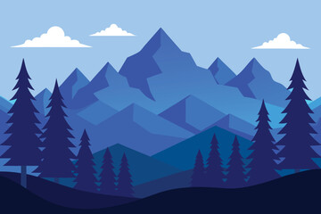 Blue Mountain Landscape Vector Illustration with Pine Trees and Clouds Graphic Art