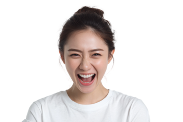 Joyful woman laughing studio portrait photography. Isolated on transparent background, png.