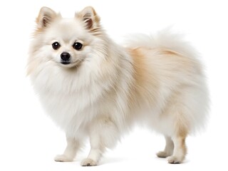 A fluffy white pomeranian dog with a sweet expression is standing on a white background, isolated on white background