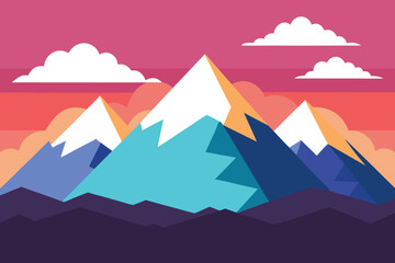 Vector Mountain Landscape Illustration: Colorful Peaks, Sunset Sky, Clouds, Nature Art