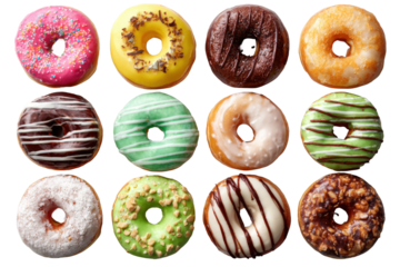 Colorful donuts display bakery food photography bright environment. Isolated on transparent background, png.