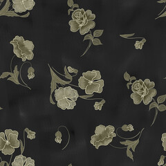 Elegant Monochrome Floral Pattern on Black Background – Hand-Drawn Botanical Textile Design