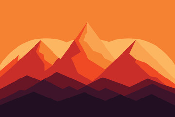 Minimalist Mountain Landscape: Geometric Peaks in Warm Orange and Red Sunset Vector Art