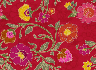 Seamless Red Batik Floral Pattern with Traditional Hand-Drawn Motifs – Textile Design Background