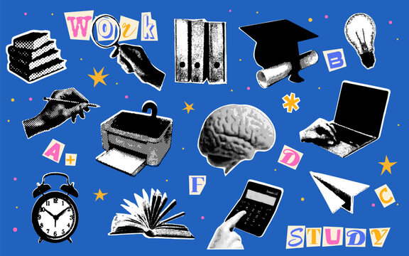 Back to school set. School collage elements in retro halftone style. Trending collage style. Concept for school, college, university and study. Brain, laptop, printer, calculator, book, clock, light