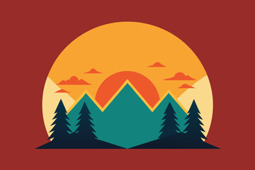 Retro Mountain Sunset Illustration: Teal Peaks, Evergreen Trees, Orange Sky Art Print