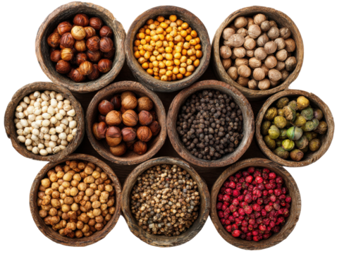 Rustic overhead food photography exploring diverse spice varieties. Isolated on transparent background, png.
