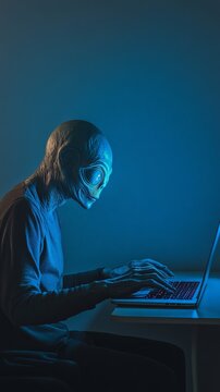 Alien figure working on laptop, blue tinted environment casting enigmatic shadows across surreal workspace, highlighting technological curiosity of extraterrestrial intelligence
