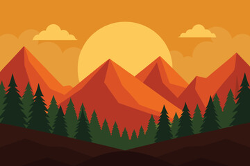Flat Vector Mountain Landscape: Sunset, Trees, Nature Background Illustration