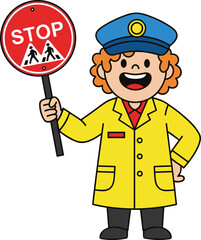 Cartoon crossing guard with stop sign in yellow coat and blue hat, smiling character, cad drawing flat vector illustration for safety