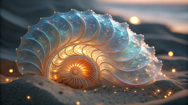 Magical glowing seashell with intricate spiral pattern on sandy beach at sunset
