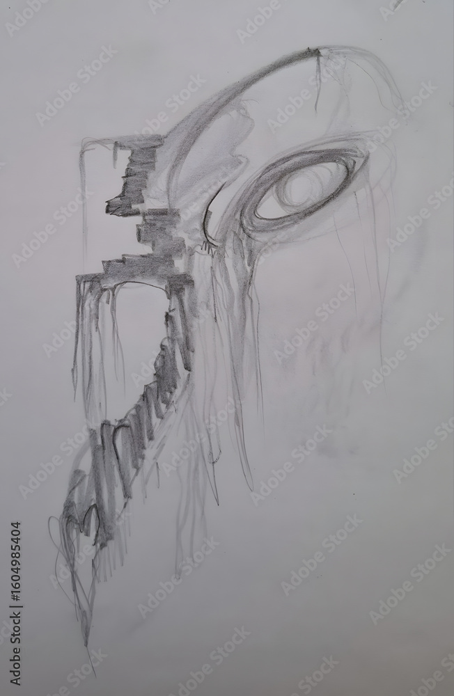 Aufkleber abstract pencil hand drawing of a distorted face with cascading lines