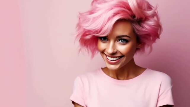 Studio video of a charismatic woman with a pink pixie haircut against a monochrome pink background. Bold style and personality.