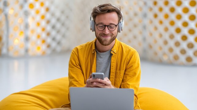 Young man with headphones using laptop and smartphone while working remotely from comfortable workspace, embracing the digital nomad lifestyle and enjoying work life balance