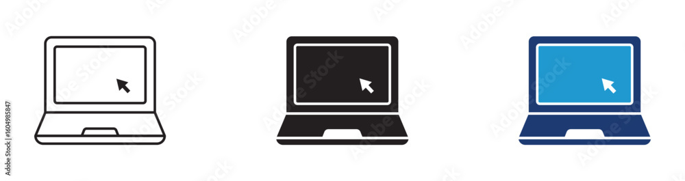 Poster laptop with pointer or cursor icon set in outline and flat style , computer with cursor icon , vector illustration . 