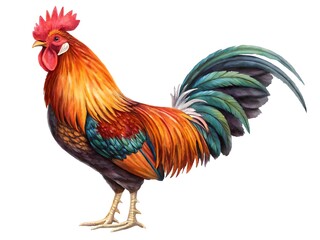 Fototapeta premium A colorful rooster illustration stands proudly isolated on white background, showcasing its vibrant feathers and detailed features in a full body portrait