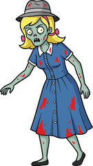 Cartoon zombie girl in blue dress with pink ribbons, green skin, horror expression, cad drawing flat vector illustration, creepy character