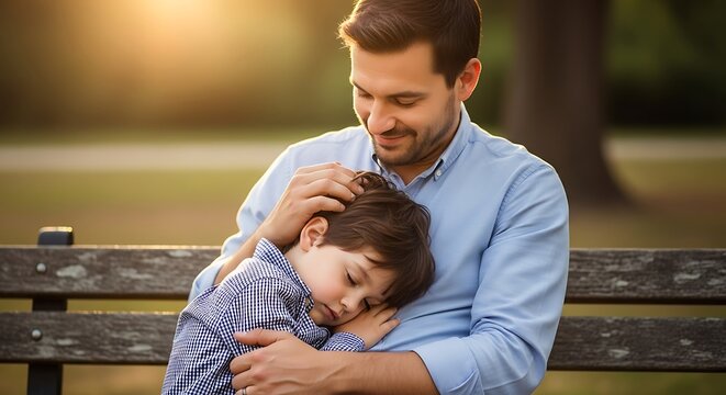 Father comforting his sleeping son outdoors.