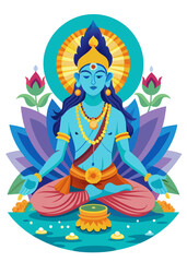 Blue skinned hindu deity meditating in lotus pose surrounded by flowers and offerings