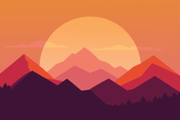 Minimalist flat design of a mountain landscape at sunset with warm colors.